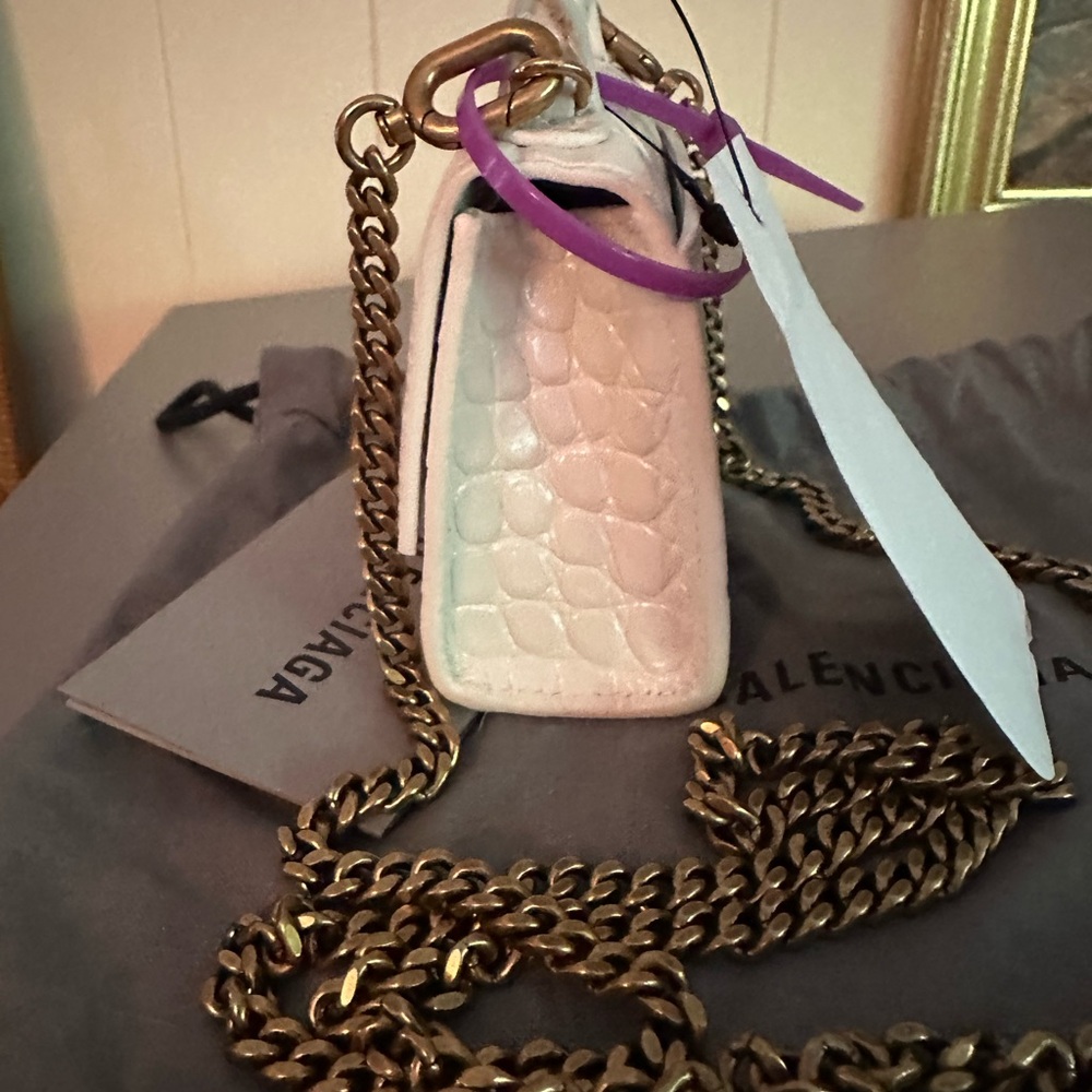 Balenciaga White Hourglass Croc-Embossed Mini Top-Handle Bag with Gold Chain - Picture 2 of 7